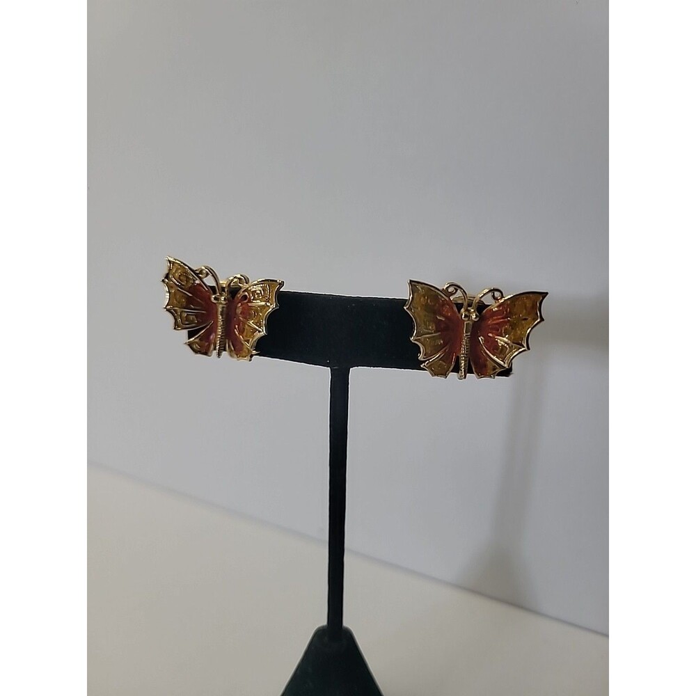 Vintage Lisner Butterfly Clip On Earrings Enamel Yellow Orange Gold Tone Mid Cen